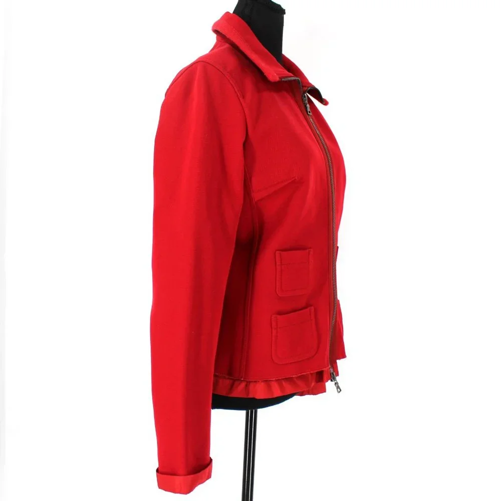PRADA Sport Red Jacket Zip Up Collared Fleece Lined Nylon Trim Large Wool Top L - Picture 2 of 8